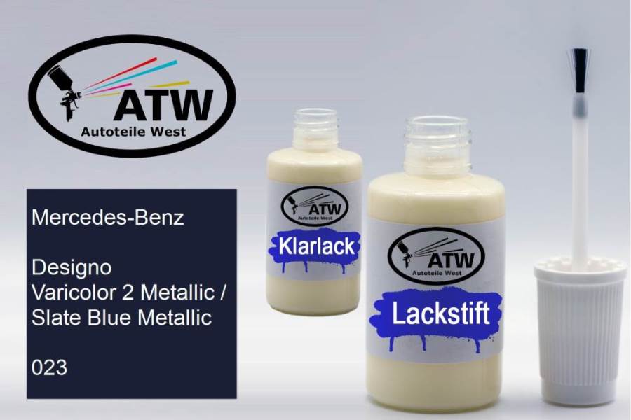 Mercedes-Benz, Designo Varicolor 2 Metallic / Slate Blue Metallic, 023: 20ml Lackstift + 20ml Klarlack - Set, von ATW Autoteile West.